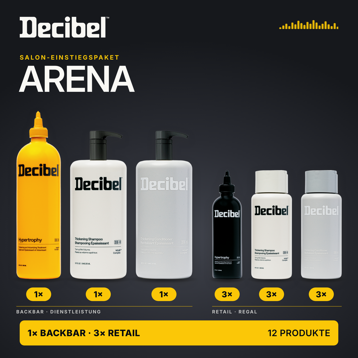 Decibel Einstiegspaket ARENA – 12 Produkte: Backbar-Set und drei Retail-Sets